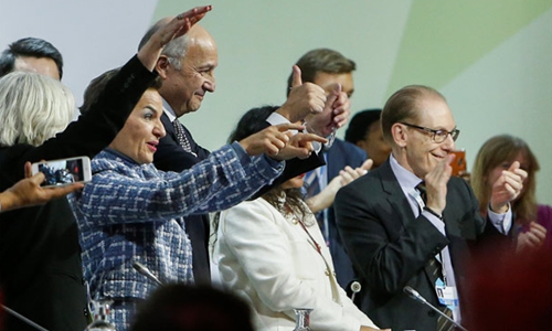 Representatives celebrating the adoption of the Paris Agreement at COP21, December 12, 2015
