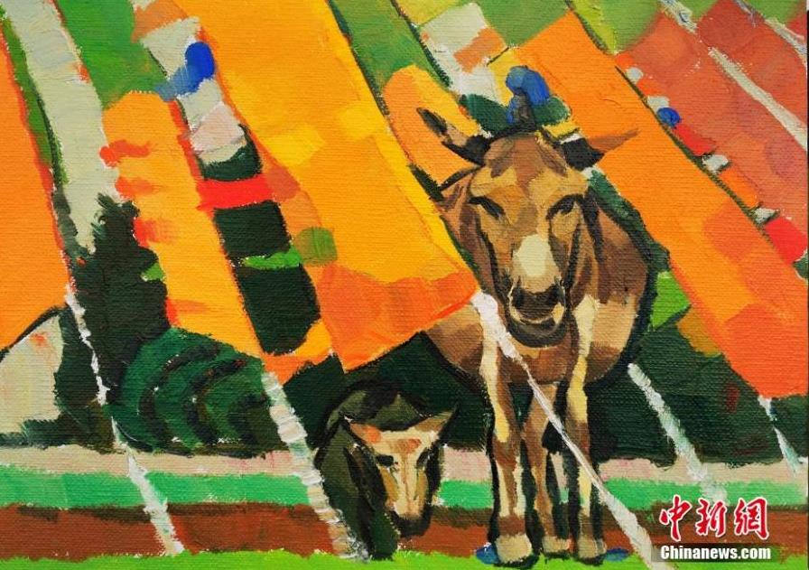 Photo shows the oil paintings created by Ma Tiankuan and his students, Jainca County, Huangnan Tibetan Autonomous Prefecture, Qinghai Province, on August 26, 2021. Ma is an associate professor of the Art Design Department at Xi'an Jiaotong University. He and his students have created charming oil painting artworks related to the local culture and landscape. (Photo provided to China News Service)