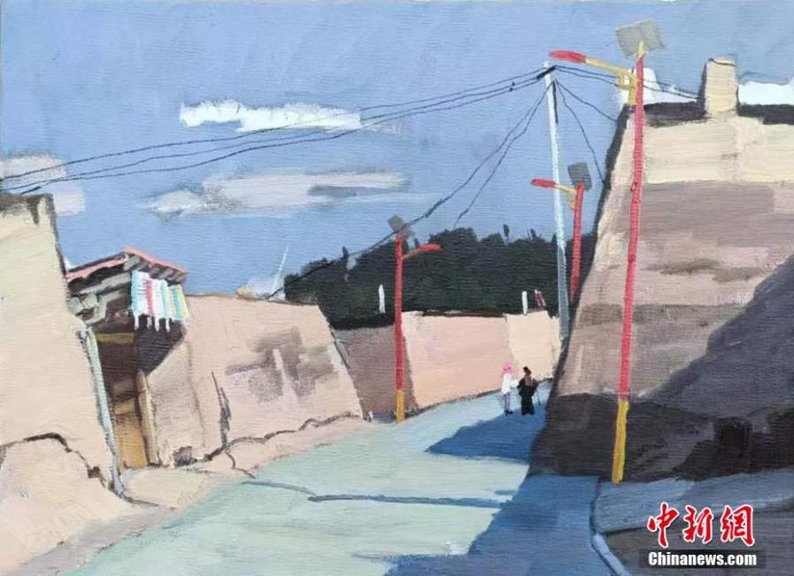Photo shows the oil paintings created by Ma Tiankuan and his students, Jainca County, Huangnan Tibetan Autonomous Prefecture, Qinghai Province, on August 26, 2021. Ma is an associate professor of the Art Design Department at Xi'an Jiaotong University. He and his students have created charming oil painting artworks related to the local culture and landscape. (Photo provided to China News Service)