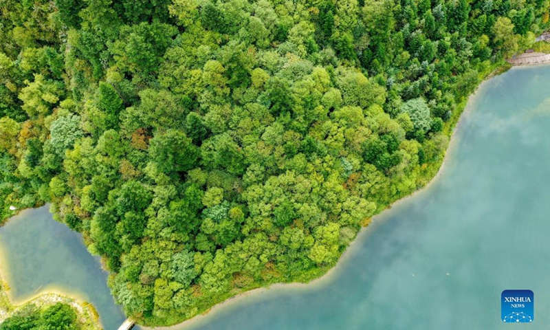 Aerial photo taken on Aug. 26, 2021 shows the scenery of Zedang Lake at Guan'egou national forest park in Dangchang County of Longnan City, northwest China's Gansu Province.Photo:Xinhua