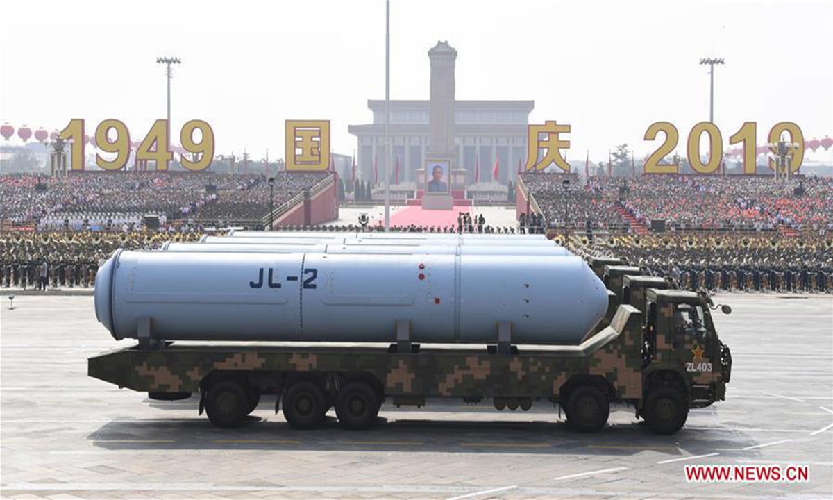 A formation of JL-2 missiles takes part in a grand military parade celebrating the 70th founding anniversary of the People's Republic of China in Beijing, capital of China, Oct. 1, 2019. (Xinhua/Gao Jie)