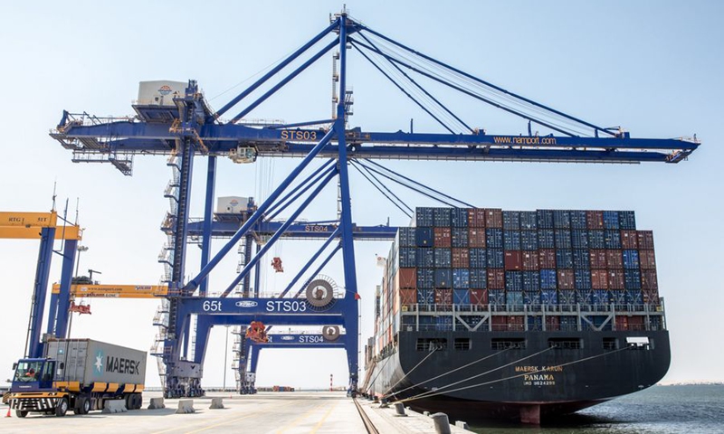 Containers are seen on a vessel at the new container terminal in Walvis Bay, Namibia. Photo: Xinhua