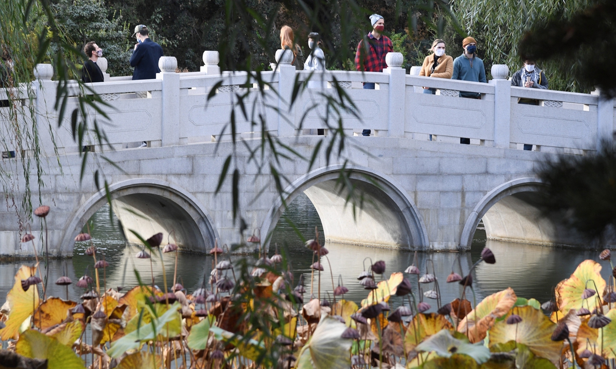 People wearing face masks to prevent the spread of COVID-19 visit the Chinese garden at the Huntington Library, Art Museum and Botanical Gardens in Los Angeles, California, on November 7, 2020. Photo: AFP