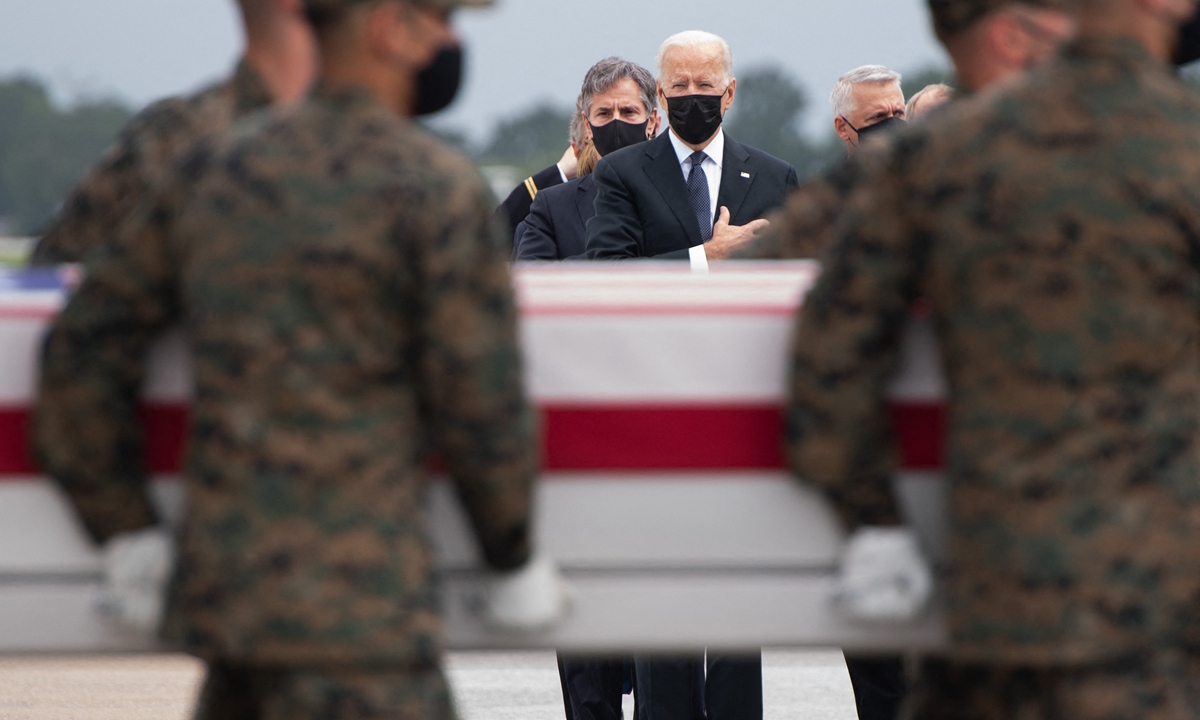 US President Joe Biden (center) attends the dignified transfer of the remains of fallen service members at Dover Air Force Base in Dover, Delaware, on Sunday. Photo: AFP