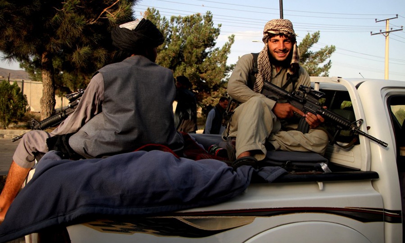 Taliban members are seen on a road in Kabul, capital of Afghanistan, Aug. 28, 2021.(Photo: Xinhua)