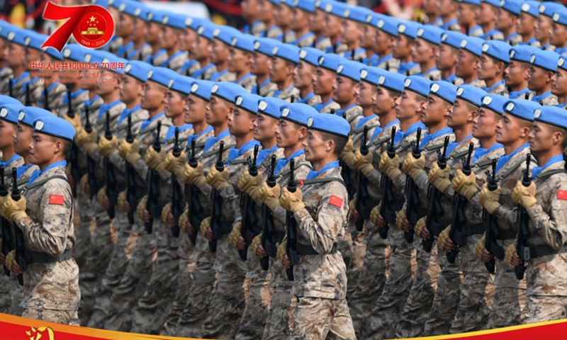The Chinese peacekeepers in the military parade celebrating the 70th anniversary of the founding of the People's Republic of China