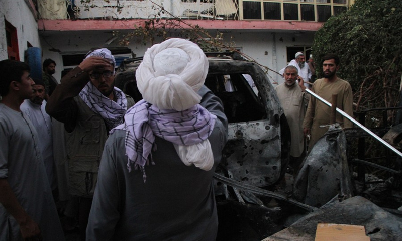 People gather at the site where a rocket struck in Kabul, capital of Afghanistan, on Aug. 29, 2021.(Photo: Xinhua)