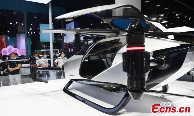 An electric flying car that can carry two passengers and fly at 130 kilometers per hour is on display at the Chengdu International Motor Show in Chengdu, Sichuan on Aug. 29, 2021. Photo: CNSphoto 
