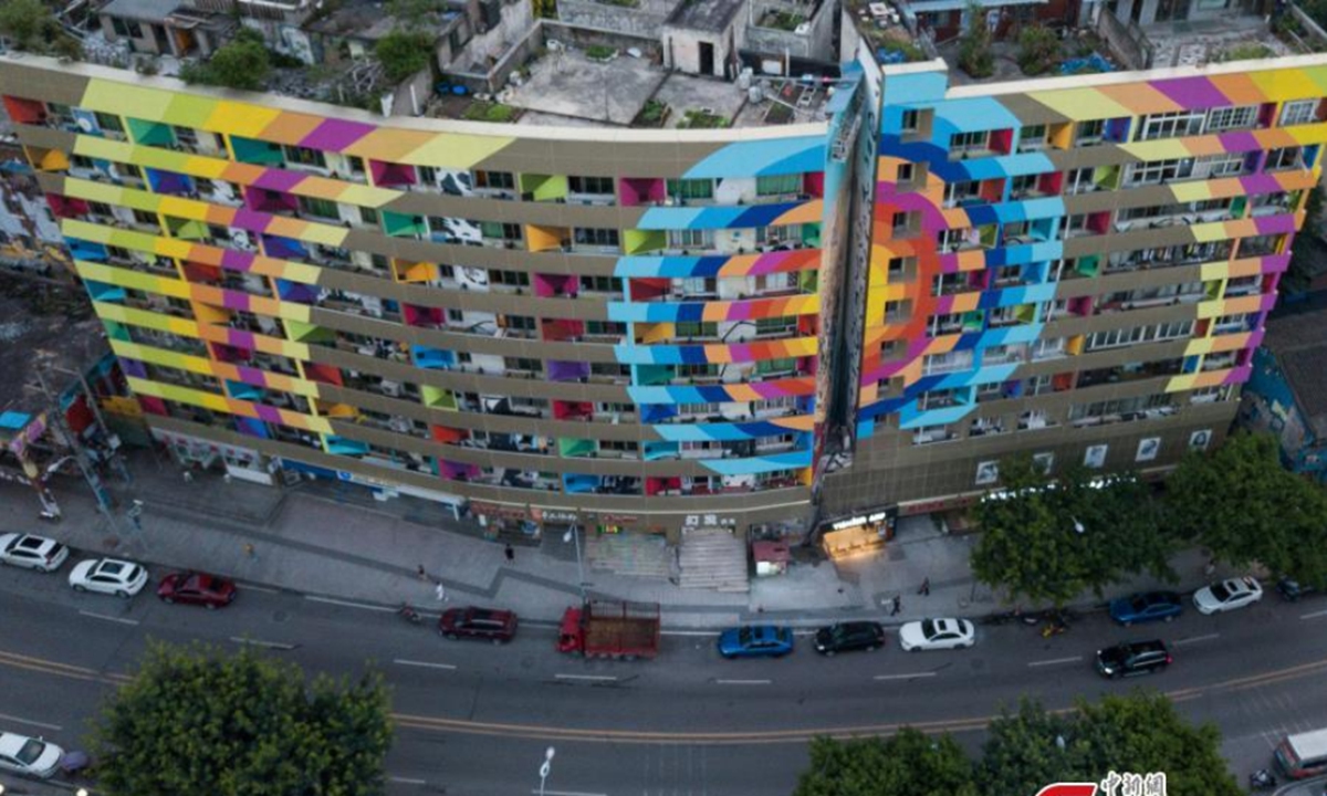 Aerial photo shows the upgraded Huangjiaoping Graffiti Street in Jiulongpo District, Chongqing Municipality, Aug. 30, 2021. Photo: CNSPhoto