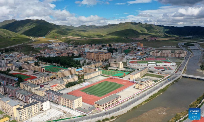 Aerial photo taken on Aug. 30, 2021 shows Luqu Tibetan Middle School in Luqu County, Gannan Tibetan Autonomous Prefecture, northwest China's Gansu Province.Photo:Xinhua
