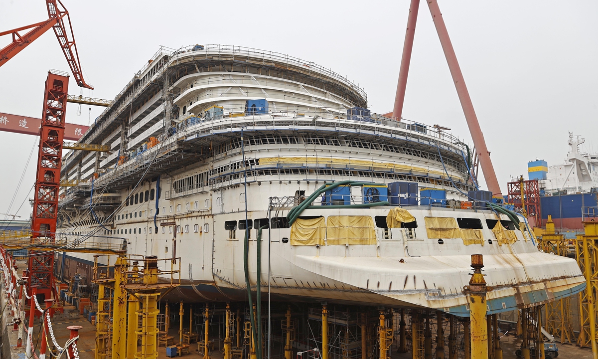 China’s first domestically built large cruise ship H1508 begins to take shape as construction progresses inside a shipyard in Shanghai on Thursday. China has been mastering the technology to build its own cruise vessels, the crown jewels of shipbuilding. Photo: VCG