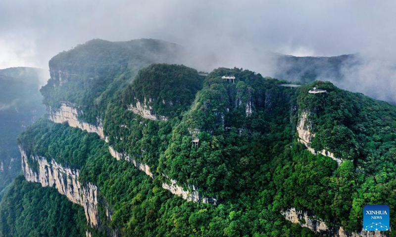 Aerial photo taken on Sept. 2, 2021 shows the twisting mountain road of Longtoushan scenic area in Nanzheng District of Hanzhong, northwest China's Shaanxi Province.Photo:Xinhua