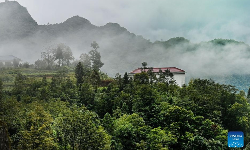 Aerial photo taken on Sept. 2, 2021 shows the twisting mountain road of Longtoushan scenic area in Nanzheng District of Hanzhong, northwest China's Shaanxi Province.Photo:Xinhua