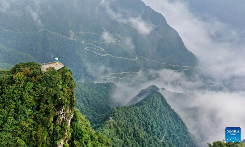 Aerial photo taken on Sept. 2, 2021 shows the twisting mountain road of Longtoushan scenic area in Nanzheng District of Hanzhong, northwest China's Shaanxi Province.Photo:Xinhua