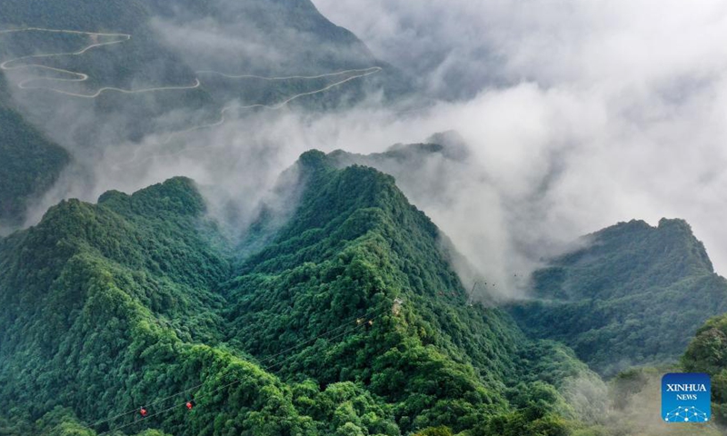 Aerial photo taken on Sept. 2, 2021 shows the twisting mountain road of Longtoushan scenic area in Nanzheng District of Hanzhong, northwest China's Shaanxi Province.Photo:Xinhua