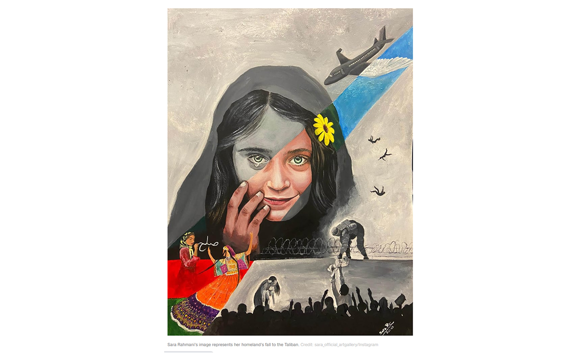 Screeshot:Sara Rahmani's image represents her homeland's “fall” to the Taliban. Credit: sara_official_artgallery/Instagram
