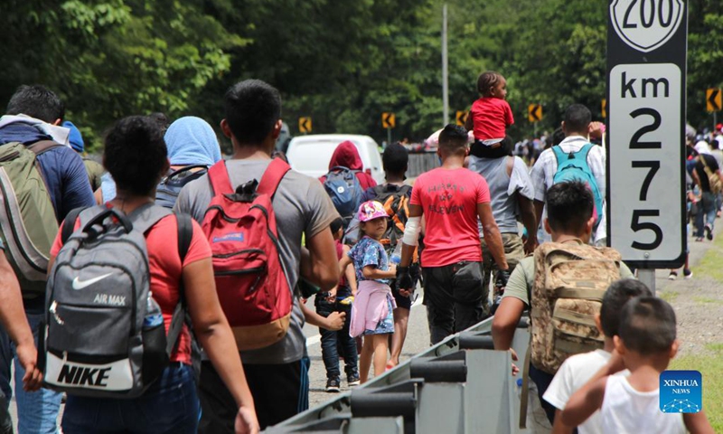 Migrants walk in a caravan bound for the United States, in Tapachula, state of Chiapas, southern Mexico, on Sept. 4, 2021. Migrant caravans traveling from Central America to the Mexican border with the United States became frequent since 2018. Photo: Xinhua