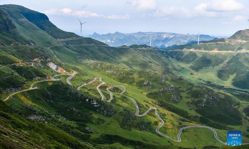 The landscape of a scenic spot is pictured in Hezhang County, southwest China's Guizhou Province, Sept. 3, 2021. Hezhang County, featuring beautiful natural scenery and distinctive culture, has ramped up efforts in improving tourism facilities and boosting tourism industry in recent years. Tourism development of the county has given impetus to its rural revitalization. Statistics show that the county has received 4.34 million visitor trips from January to August this year. (Xinhua/Yang Wenbin)  