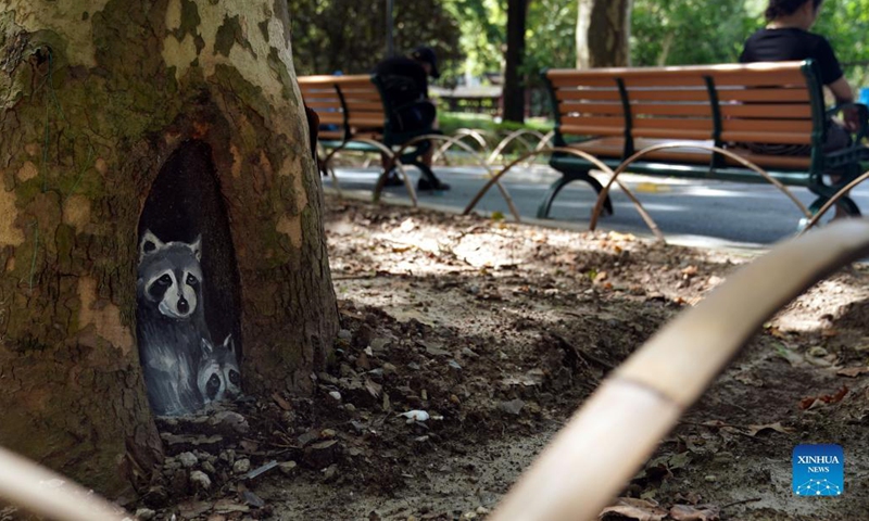 A painted tree hole is seen at Zhabei Park in Shanghai, east China, Aug. 31, 2021. Zhabei Park recently made an effort to improve its appearance by cleaning and beautifying tree holes in the park with creative patterns. (Xinhua/Liu Ying) 