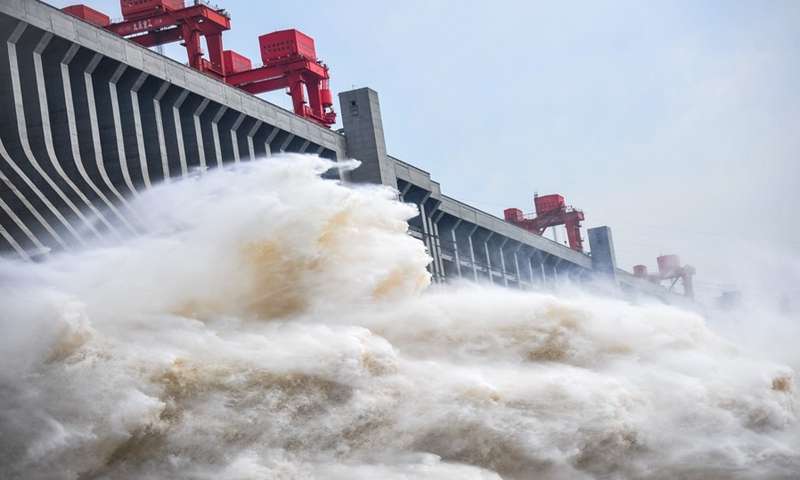 File photo shows water gushing out from the Three Gorges Dam in central China's Hubei Province.(Photo: Xinhua)