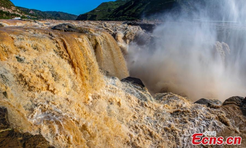 A giant, roaring torrent carrying a large amount of yellow sediment has created a spectacular early autumn scene at Hukou Waterfall, Yellow River in Qinjin Valley. Photo: CNSphoto