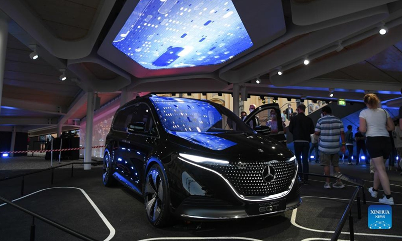 A Mercedez-Benz EQT concept car is on display at the Mercedez-Benz outdoor booth during the International Motor Show Germany (IAA Mobility) in Munich, Germany, Sept. 8, 2021. With the slogan What will move us next, IAA Mobility focuses on green mobility, featuring electric cars and even bicycles.Photo: Xinhua
