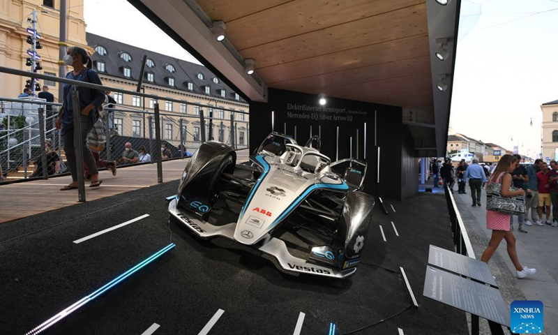 A Mercedez-Benz electric racing car is on display at the Mercedez-Benz outdoor booth during the International Motor Show Germany (IAA Mobility) in Munich, Germany, Sept. 8, 2021. With the slogan What will move us next, IAA Mobility focuses on green mobility, featuring electric cars and even bicycles.Photo: Xinhua
