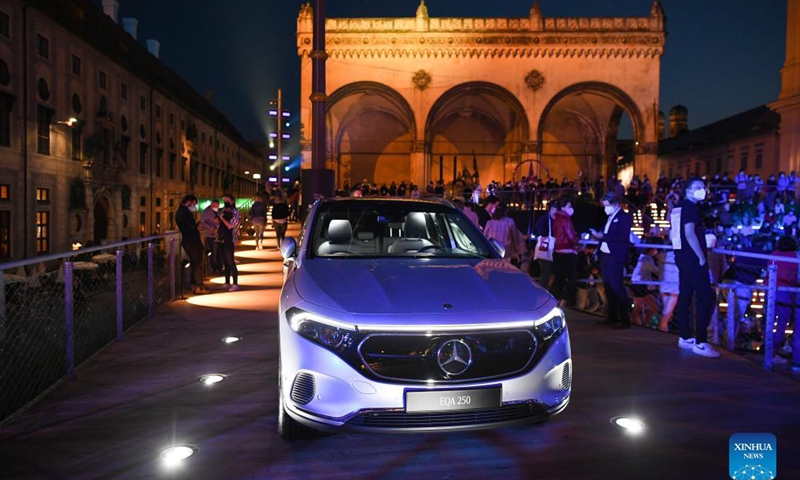 A Mercedez-Benz EQA 250 is on display at the Mercedez-Benz outdoor booth during the International Motor Show Germany (IAA Mobility) in Munich, Germany, Sept. 8, 2021. With the slogan What will move us next, IAA Mobility focuses on green mobility, featuring electric cars and even bicycles.Photo: Xinhua 