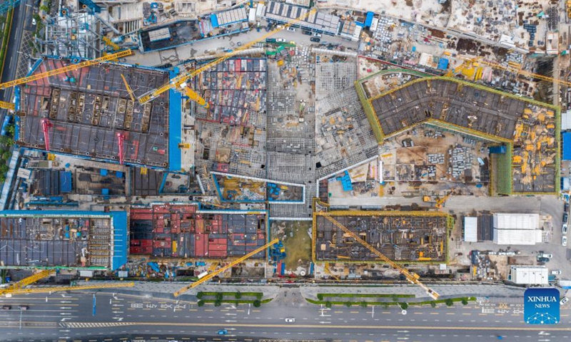 Aerial photo taken on Sept. 8, 2021 shows the construction site for a transaction center in Qianhai, Shenzhen City, south China's Guangdong Province.Photo:Xinhua