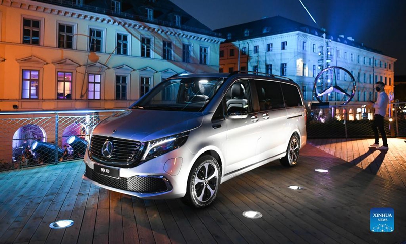 A Mercedez-Benz EQV 300 is on display at the Mercedez-Benz outdoor booth during the International Motor Show Germany (IAA Mobility) in Munich, Germany, Sept. 8, 2021. The IAA Mobility, with the slogan What will move us next, is held here from Sept. 7 to 12. Photo: Xinhua