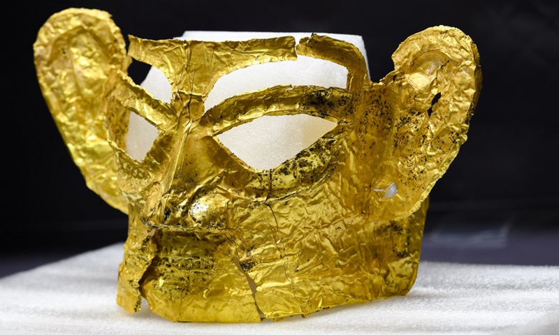 Photo taken on Sept. 2, 2021 shows a golden mask discovered at the No. 3 sacrificial pit of the Sanxingdui Ruins site in southwest China's Sichuan Province.Photo:Xinhua
