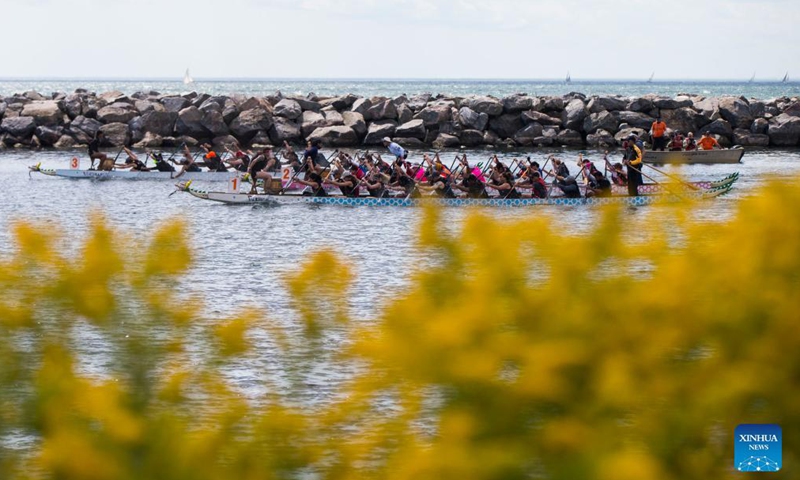 Contestants paddle in the Lake Ontario during the 2021 Toronto International Dragon Boat Race Festival in Toronto, Canada, on Sept. 11, 2021. Peddlers from Canada, the United States, the Caribbean Islands, Europe and Asia participated in the event which kicked off on Saturday.Photo: Xinhua