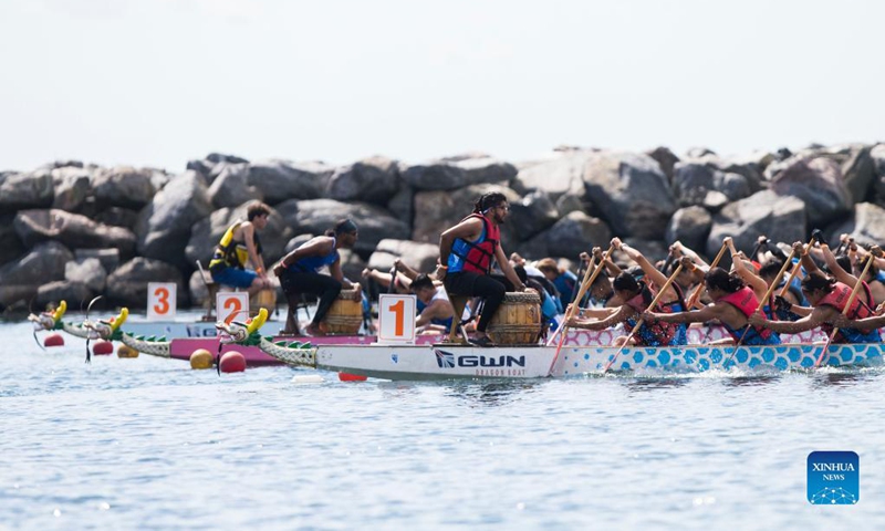 Contestants paddle in the Lake Ontario during the 2021 Toronto International Dragon Boat Race Festival in Toronto, Canada, on Sept. 11, 2021. Peddlers from Canada, the United States, the Caribbean Islands, Europe and Asia participated in the event which kicked off on Saturday.Photo: Xinhua