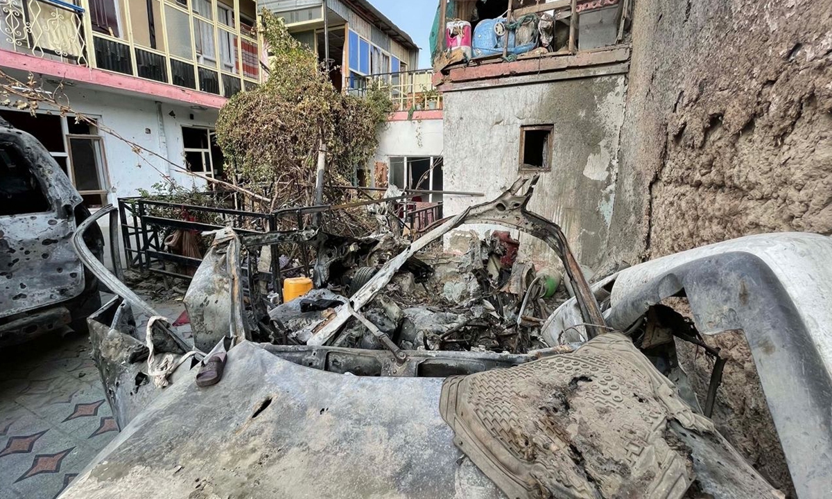A view of the damage at Zemari Ahmadi family house after a drone strike one day before the final US evacuation flights from Kabul on September 11, 2021 in Kabul, Afghanistan. Photo: AFP