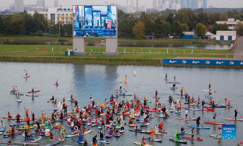 People take part in the Open Water SUP Fest 2021 in Moscow, Russia, on Sep. 12, 2021.Photo: Xinhua 