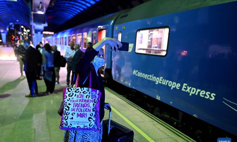 The Connecting Europe Express train arrives in Skopje, North Macedonia, on Sept. 13, 2021. The train started its journey from Lisbon on Sept. 2 and will end the journey in Paris on Oct. 7. Photo:Xinhua