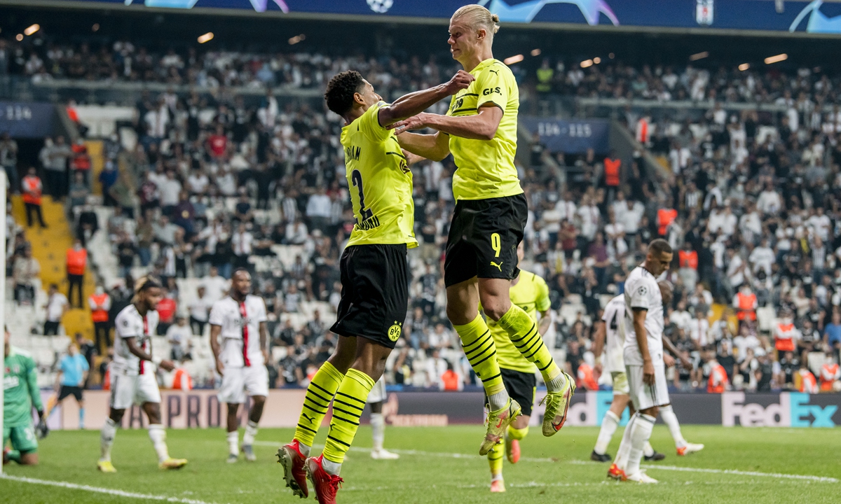 Jude Bellingham (left) and Erling Haaland of Borussia Dortmund celebrate during their match against Besiktas on Wednesday in Istanbul, Turkey. Photo: VCG