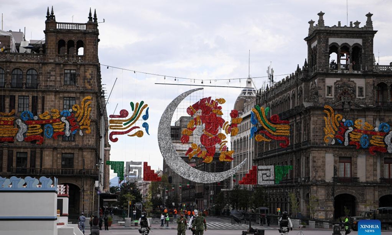 Photo taken on Sept. 15, 2021 shows a view of the Zocalo Square before the upcoming celebrations of the Mexican Independence Day, in Mexico City, capital of Mexico. Photo: Xinhua 