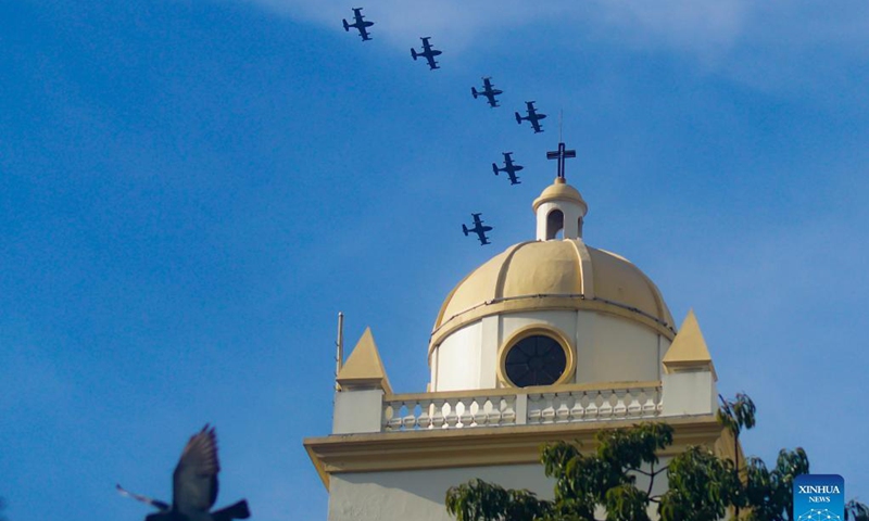 Cessna A-37 Dragonfly airplanes take part in the commemoration of the Bicentennial of Independence in Central America, in San Salvador department, El Salvador, on Sept. 15, 2021. El Salvador, Guatemala, Honduras, Nicaragua and Costa Rica commemorated the Bicentennial of Independence of Central America on Sept. 15. Photo: Xinhua 