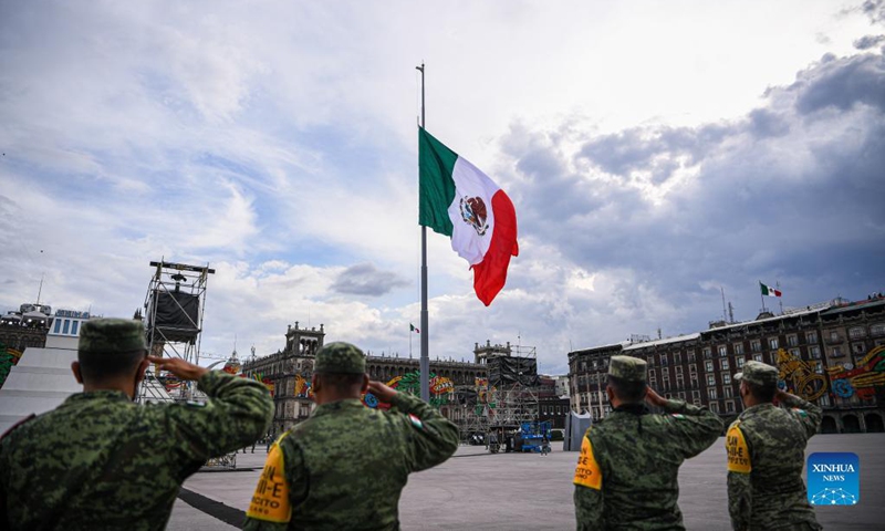 Photo taken on Sept. 15, 2021 shows a flag-raising ceremony at the Zocalo Square before the upcoming celebrations of the Mexican Independence Day, in Mexico City, capital of Mexico.Photo: Xinhua 