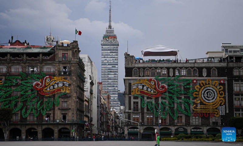 Photo taken on Sept. 15, 2021 shows a view of the Zocalo Square before the upcoming celebrations of the Mexican Independence Day, in Mexico City, capital of Mexico. Photo: Xinhua 