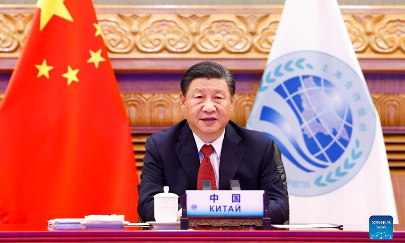 Chinese President Xi Jinping addresses the 21st meeting of the Council of Heads of State of the Shanghai Cooperation Organization (SCO) via video link in Beijing, capital of China, Sep 17, 2021.Photo:Xinhua