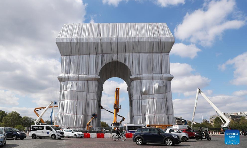Photo taken on Sept. 16, 2021 shows the wrapped Arc de Triomphe in Paris, France.Photo:Xinhua