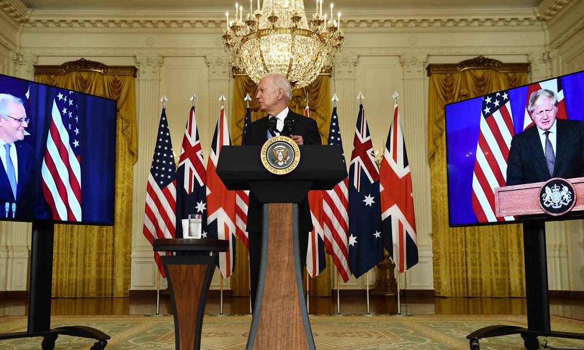 US President Joe Biden participates in a virtual press conference on national security in the White House in Washington, DC, on Wednesday US time, with British Prime Minister Boris Johnson (right) and Australian Prime Minister Scott Morrison in attendance via video link. Biden announced that the US is forming a new Indo-Pacific security alliance with the UK and Australia. Photo: AFP