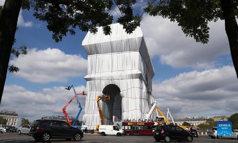 Photo taken on Sept. 16, 2021 shows the wrapped Arc de Triomphe in Paris, France.Photo:Xinhua