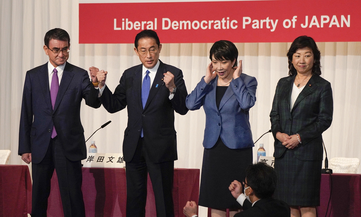 Liberal Democratic Party presidential candidates pose before a press conference in Tokyo on Friday ahead of the ruling party's September 29 election to choose a successor for outgoing LDP president and prime minister Yoshihide Suga. Candidates have used hostile rhetorics to make an issue out of China. Photo: AFP