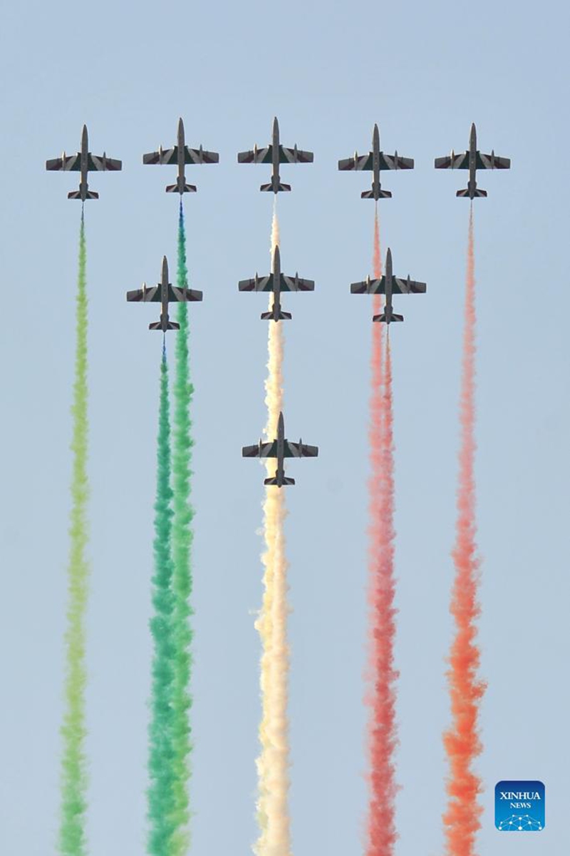 The Italian Frecce Tricolori aerobatic squad performs during an airshow in Rivolto, Italy, on Sept. 18, 2021. The Italian Air Force held the airshow to mark the 60th anniversary of the Frecce Tricolori here on Saturday. (Str/Xinhua)