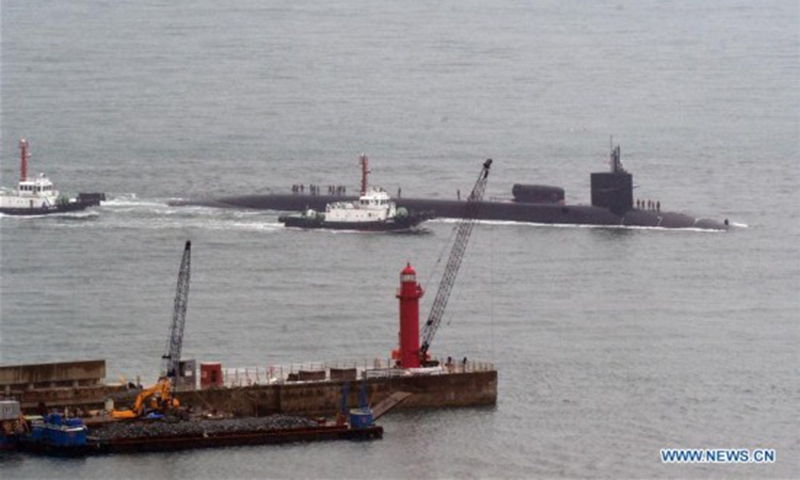 The USS Michigan nuclear-powered submarine arrives at port of Busan, South Korea, April 25, 2017. (Xinhua/NEWSIS)