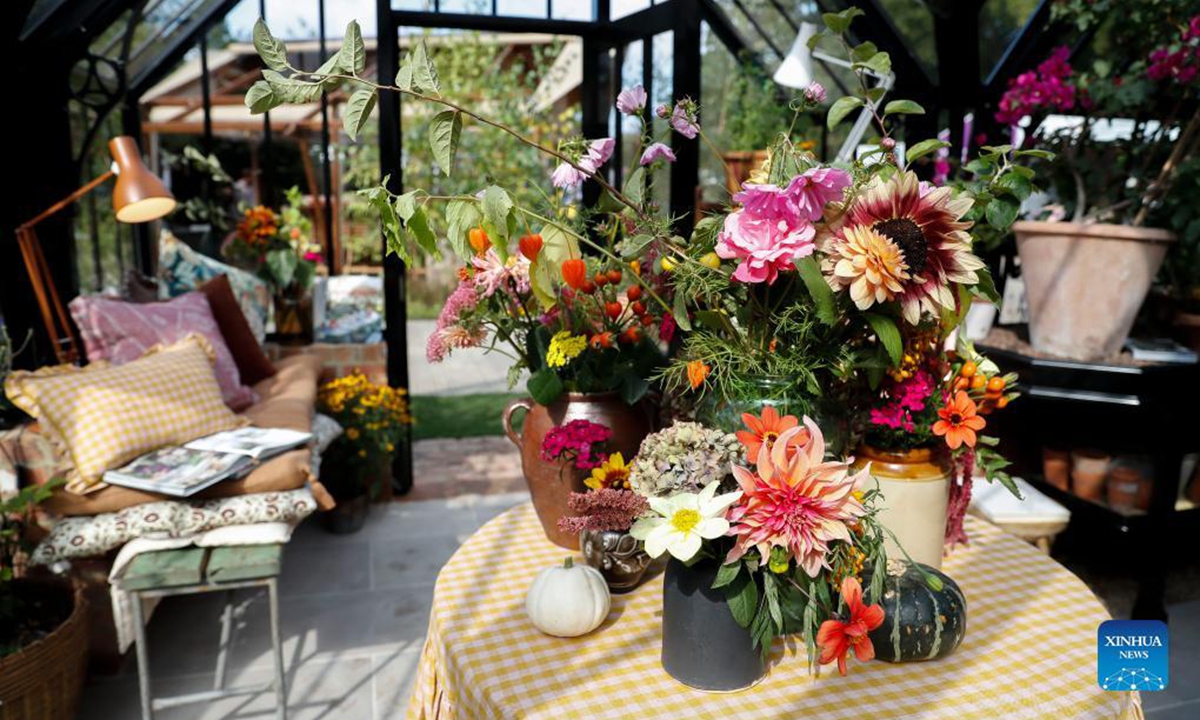 Flowers are on display at the RHS (Royal Horticultural Society) Chelsea Flower Show press day in London, Britain, on Sept. 20, 2021. The annual RHS Chelsea Flower Show will open to the public here from Sept. 21 to 26. (Xinhua/Han Yan)