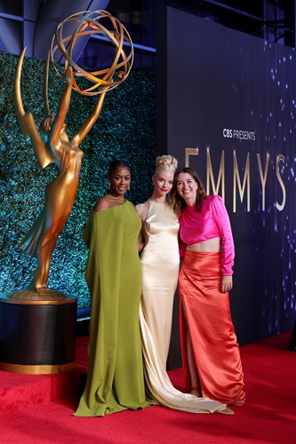 From left: Moses Ingram, Anya Taylor-Joy and Marielle Heller, winners of the Outstanding Limited Or Anthology Series award for The Queen's Gambit, pose in the press room during the 73rd Primetime Emmy Awards on Sunday in Los Angeles, California. Photo: AFP